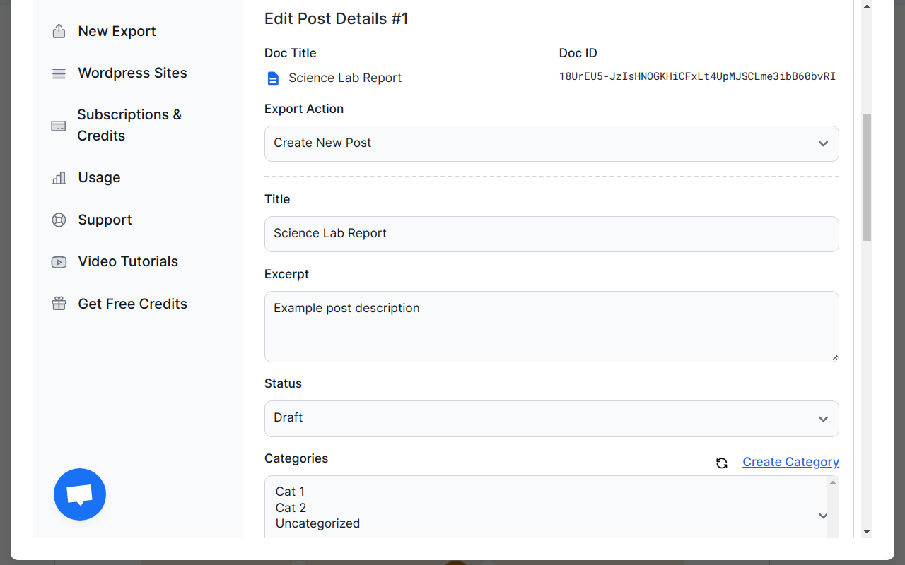 Screenshot showing the process of customizing post title, excerpt, status, categories, and tags for the WordPress post.