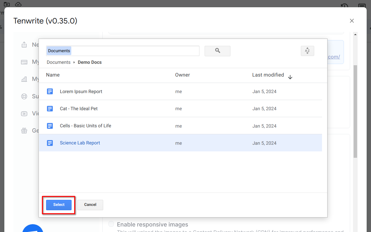 Screenshot showing the process of selecting the Google Docs document for export in the Google Drive file picker UI.