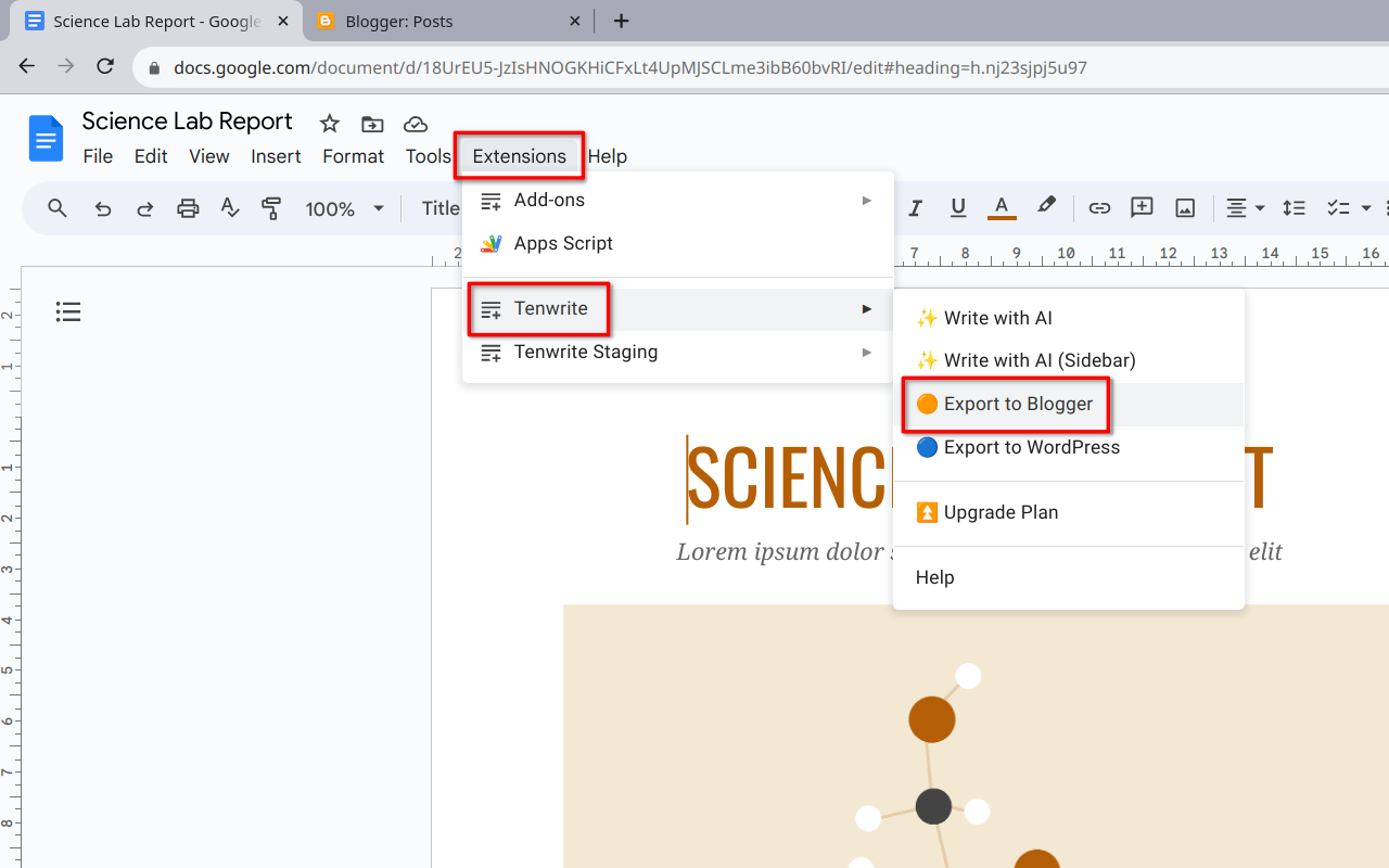 Screenshot showing the process of launching Tenwrite add-on from Google Docs Extensions menu.