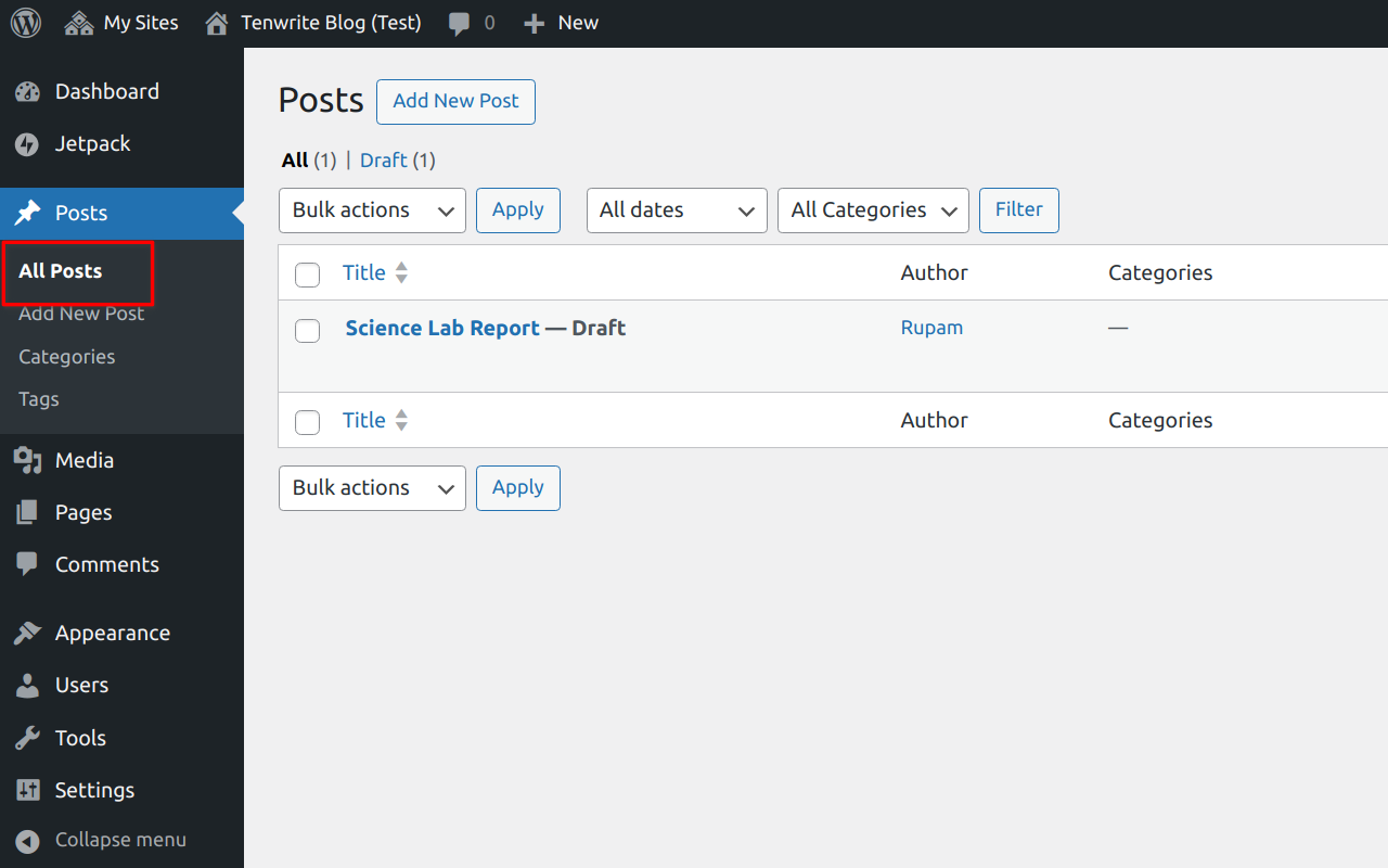 Screenshot showing the process of logging into WordPress™ admin panel to check the exported post.