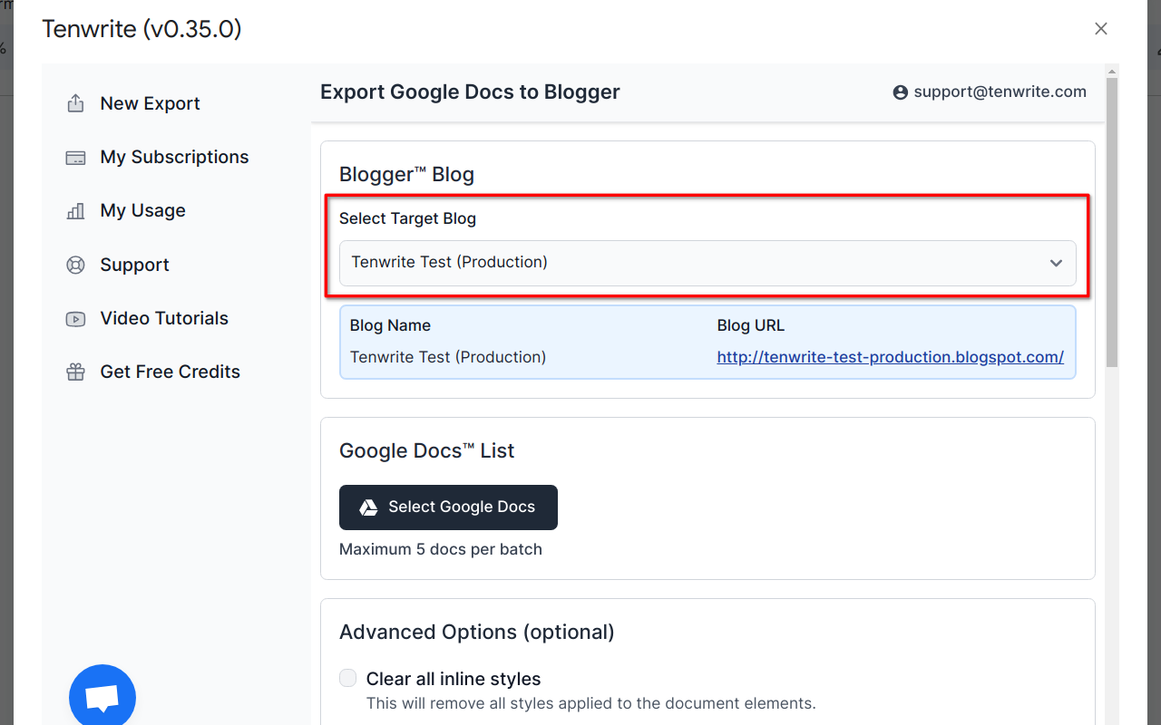 Screenshot showing the process of selecting preferred Blogger blog from the dropdown menu.