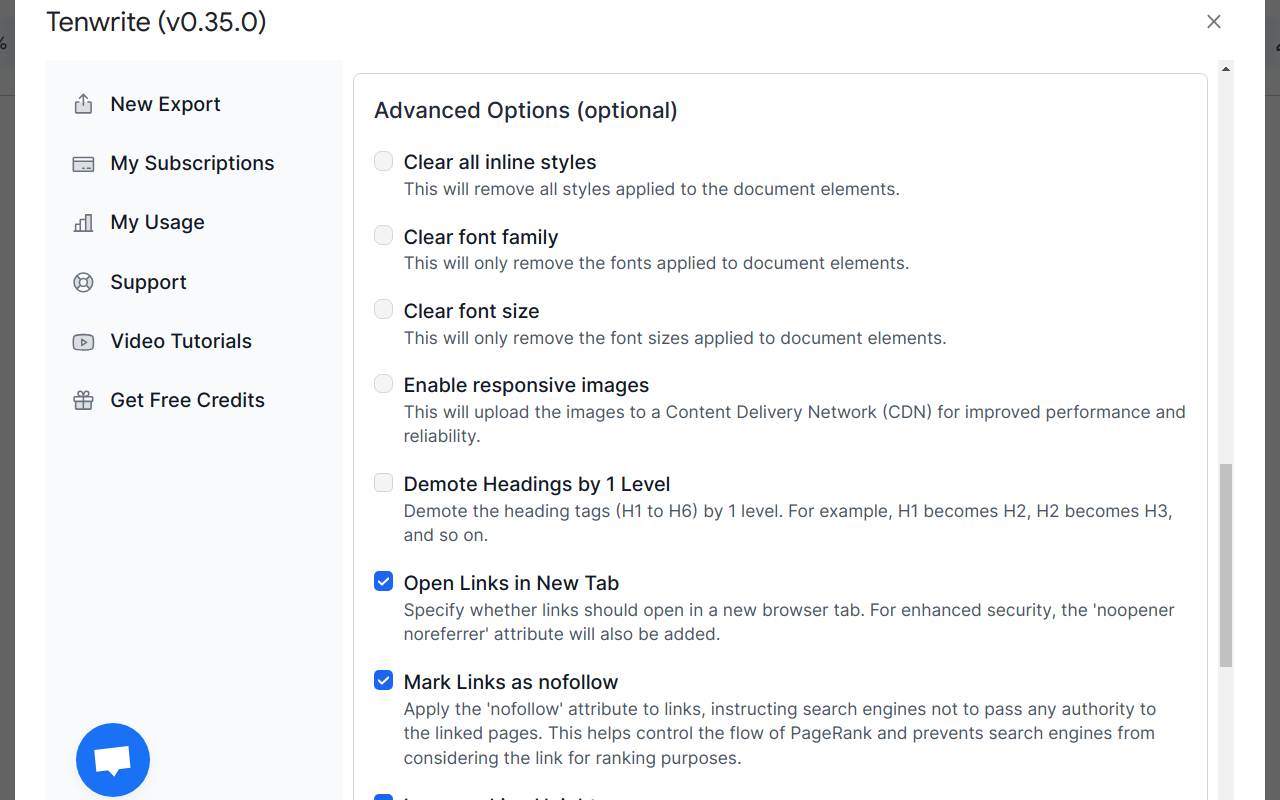 Screenshot showing the process of reviewing and enabling advanced options for the export process.