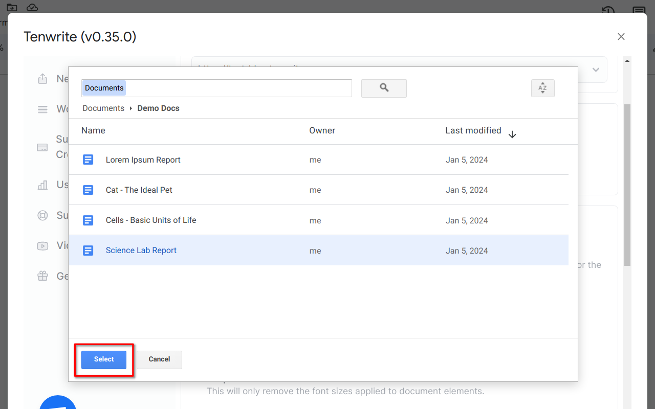 Screenshot showing the process of selecting the Google Docs™ document for export in the Google Drive™ file picker UI.