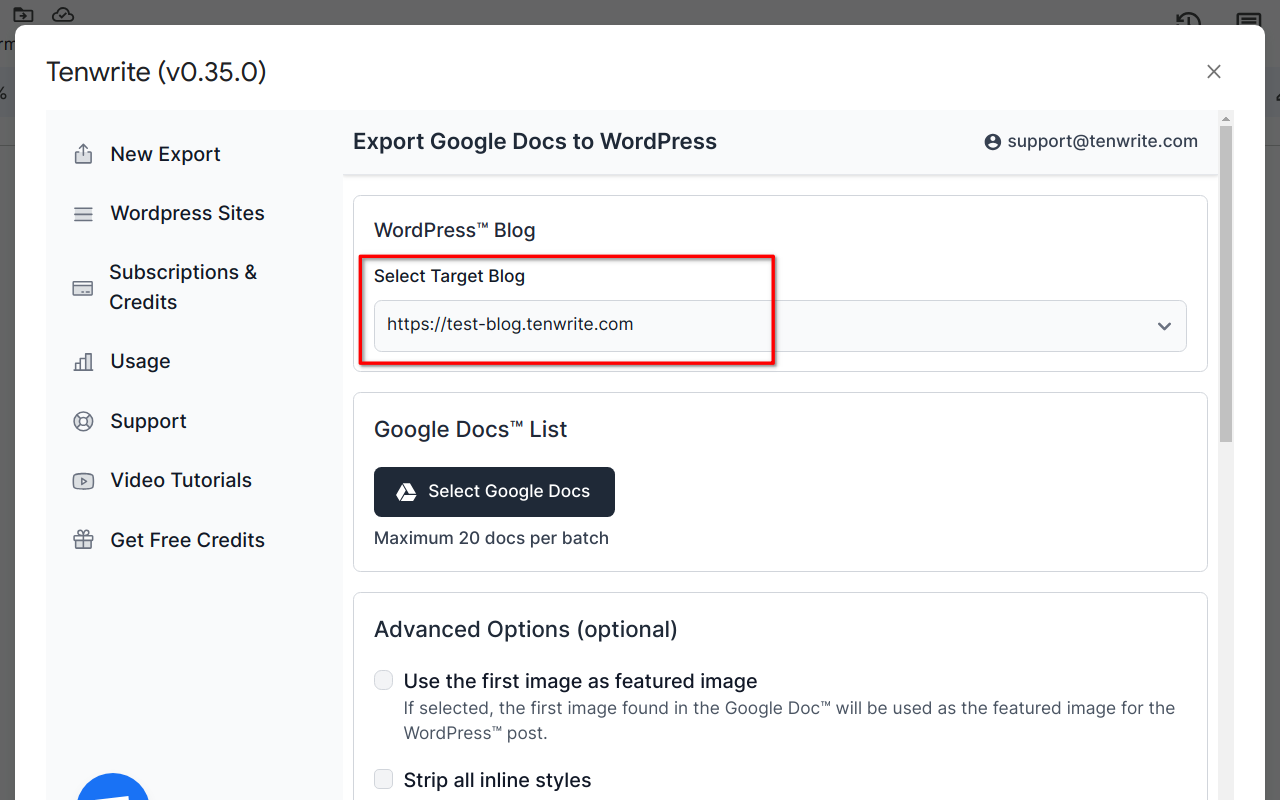 Screenshot showing the process of selecting preferred WordPress™ site from the dropdown menu.