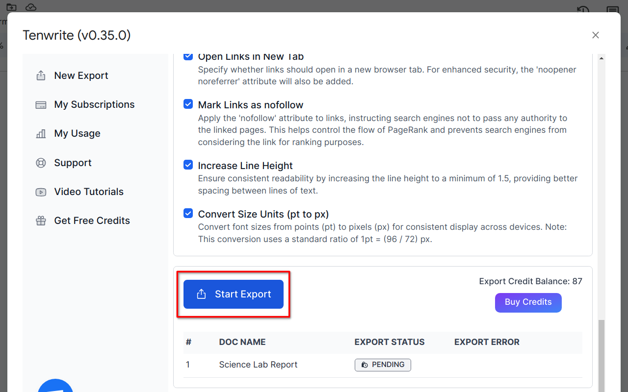 Screenshot showing the process of initiating the content transfer process by clicking 'Start Export' button.