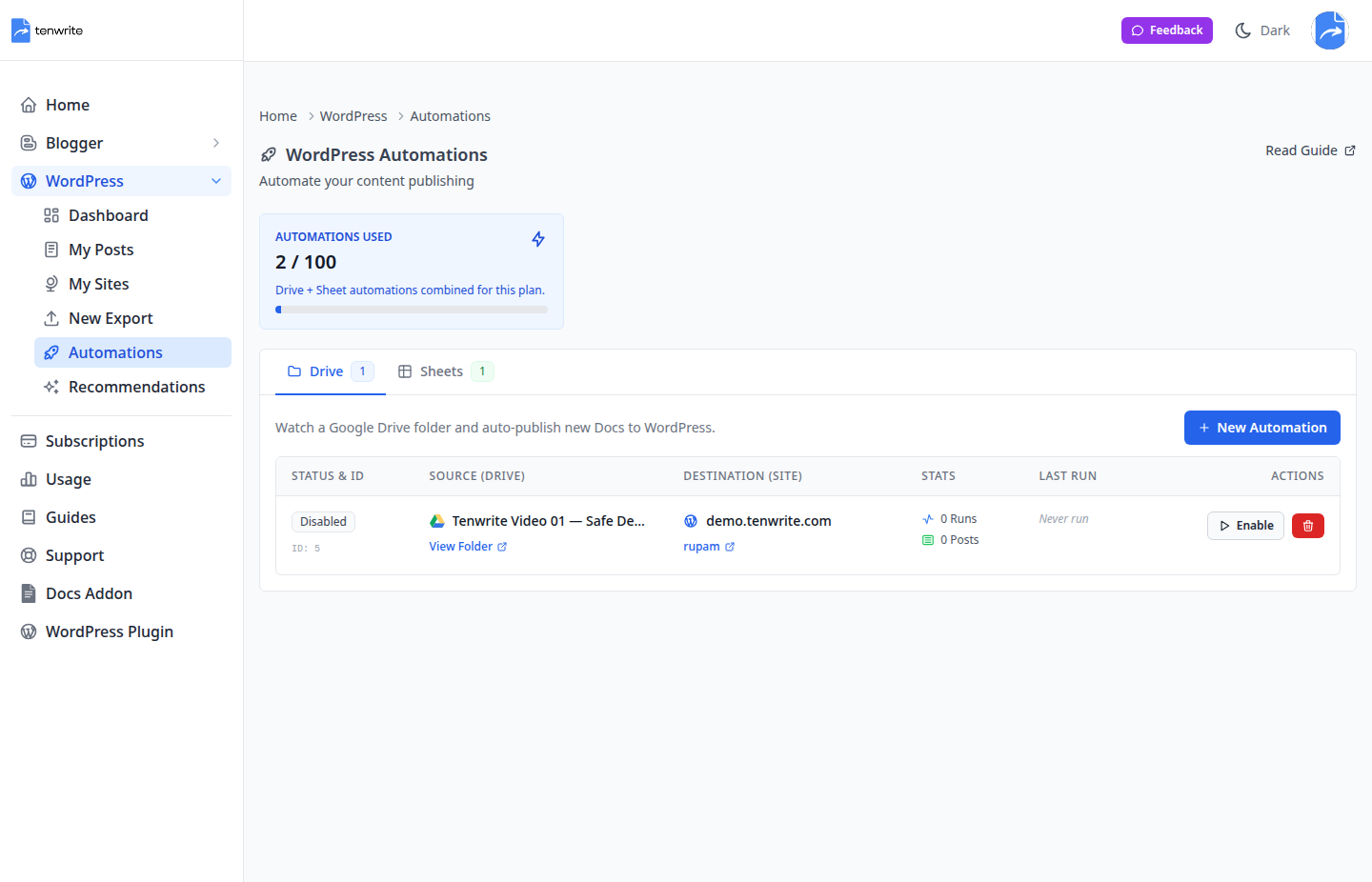 Tenwrite WordPress Automations page showing Drive and Sheets publishing automations, their status, destination site, and run statistics.