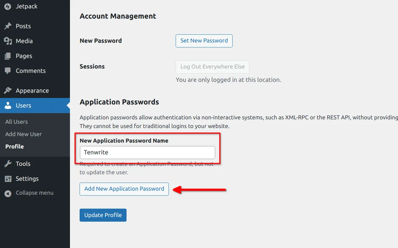 In the new application password name input field, enter tenwrite.