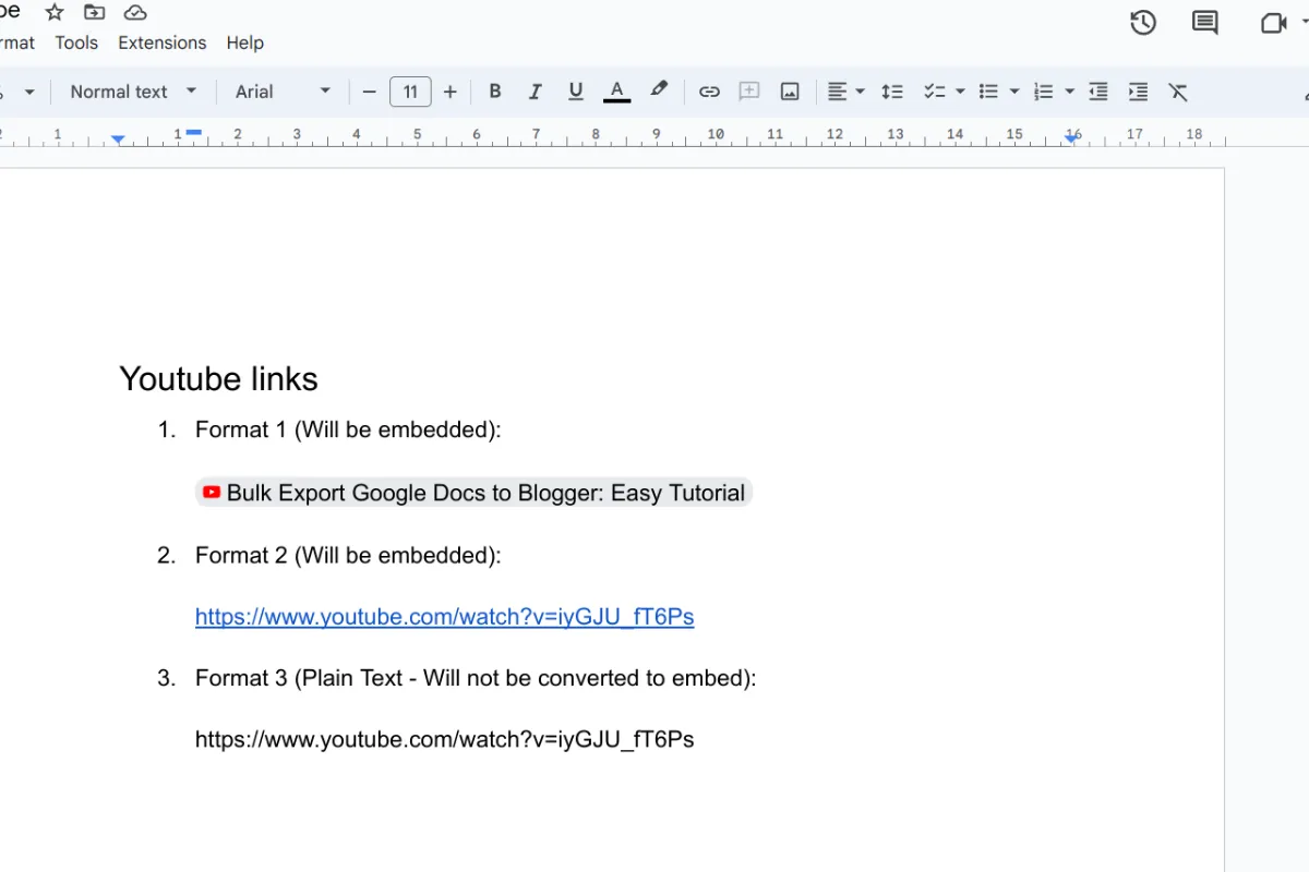 Add one or more youtube.com links to your content in google docs.