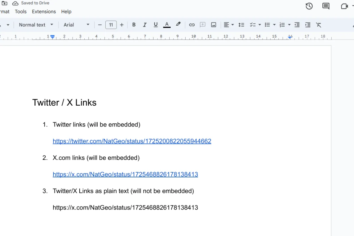 Add one or more Twitter.com links to your content in google docs.