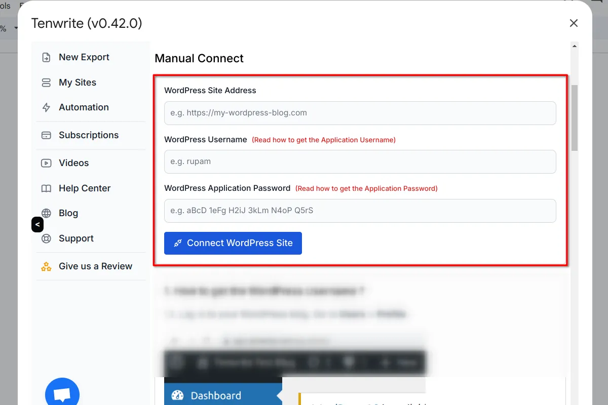 Screenshot of the manual connect form.