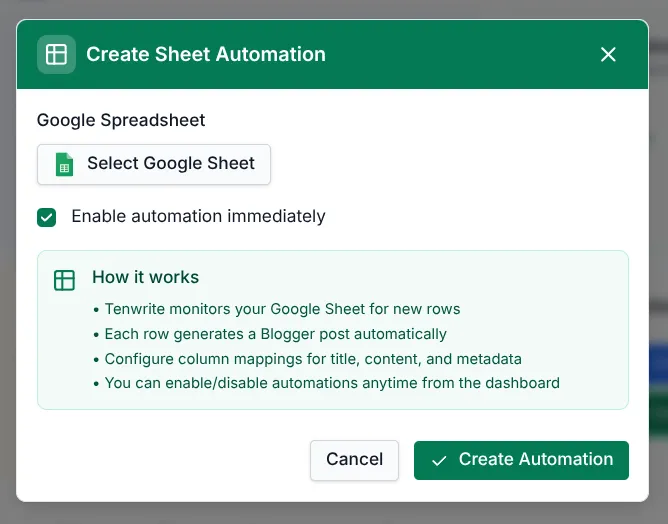 Blogger Sheet Automation setup form