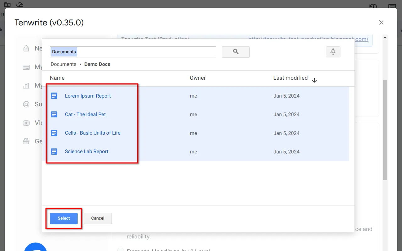 Screenshot showing the process of selecting multiple Google Docs™ documents for export in the Google Drive™ file picker UI.