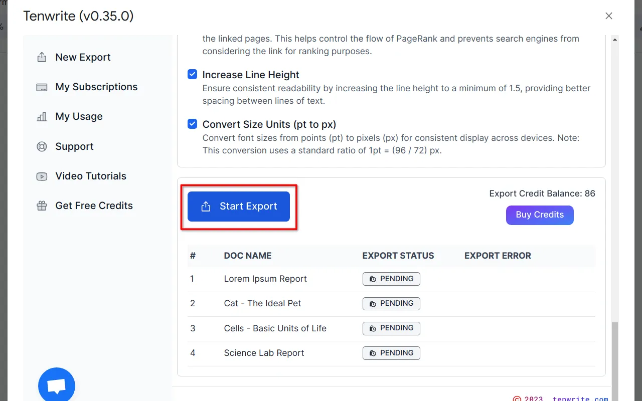 Screenshot showing the process of initiating the content transfer process by clicking &#x27;Start Export&#x27; button.