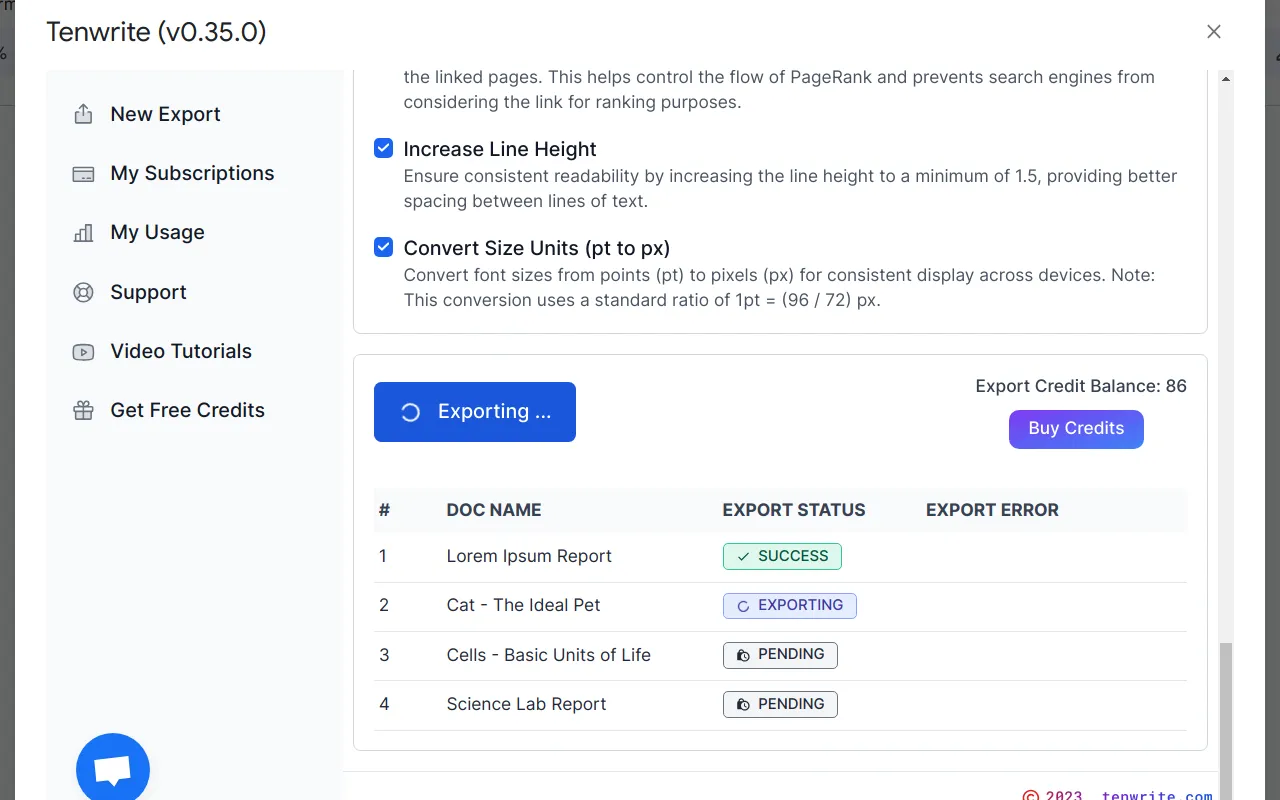 Screenshot showing the status of the export process. One Google Docs document is exported successfully, another one is in progress and remaining ones are in queue.