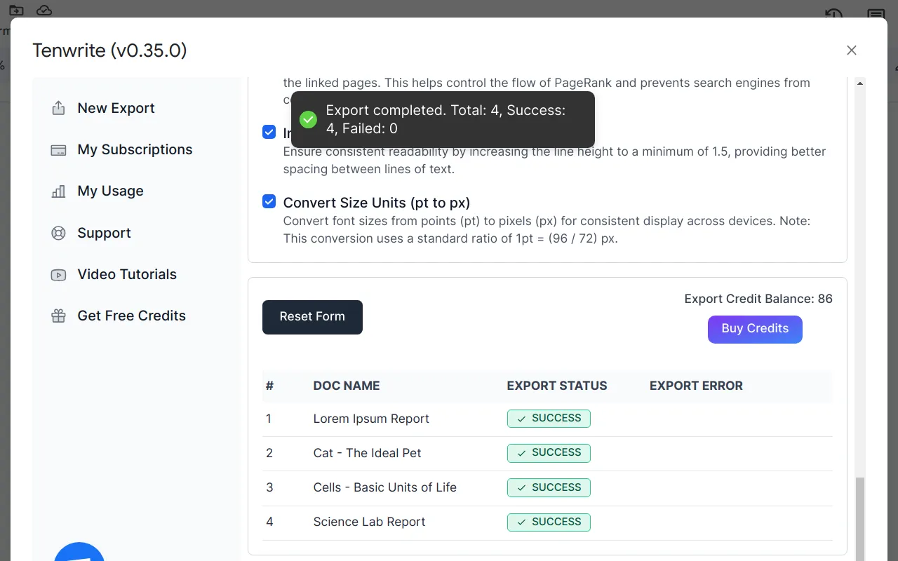 Screenshot showing that the Google Docs export to Blogger process has been completed successfully and a toast notification is shown to indicate it.