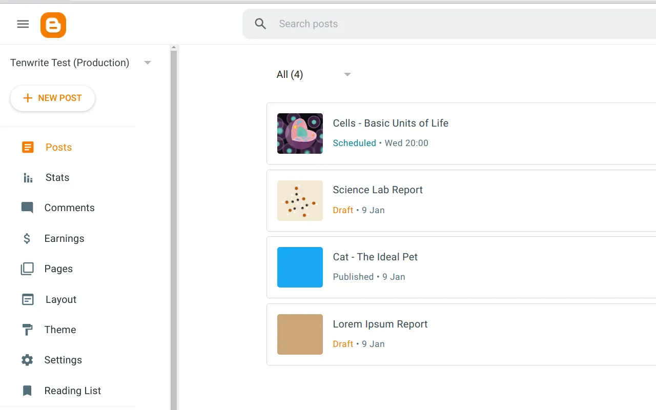 Screenshot showing the process of checking the exported posts by logging into Blogger™ admin panel.