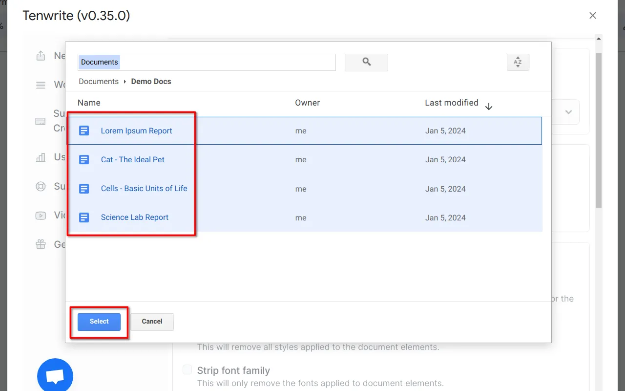 Screenshot showing the process of selecting multiple Google Docs™ documents for export in the Google Drive™ file picker UI.