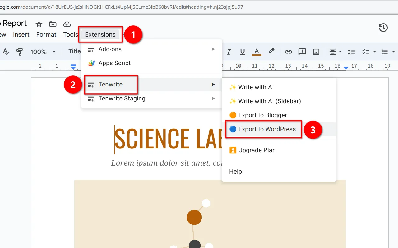 Screenshot showing the process of launching Tenwrite add-on from Google Docs™ Extensions menu.
