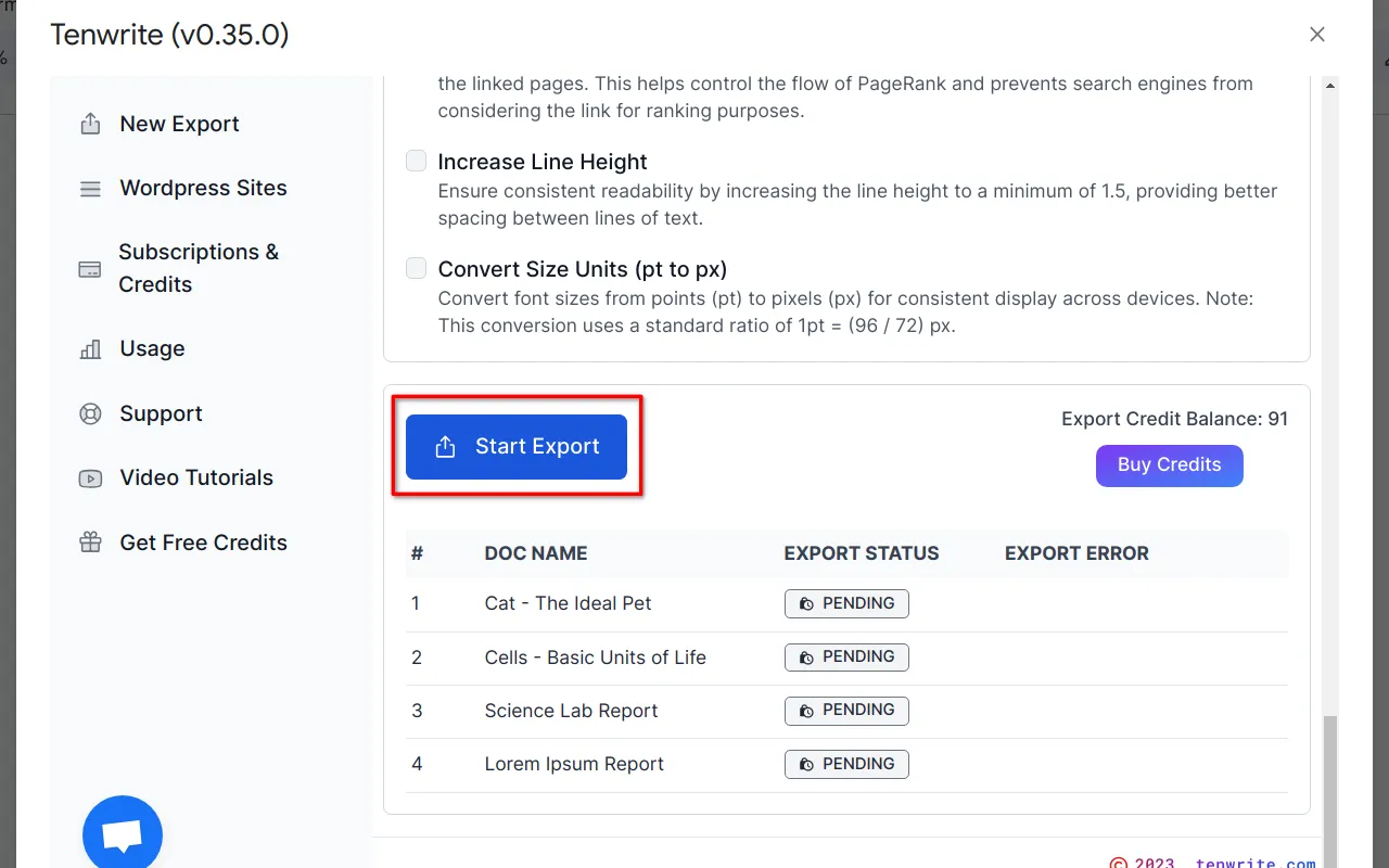 Screenshot showing the process of initiating the content transfer process by clicking &#x27;Start Export&#x27; button.