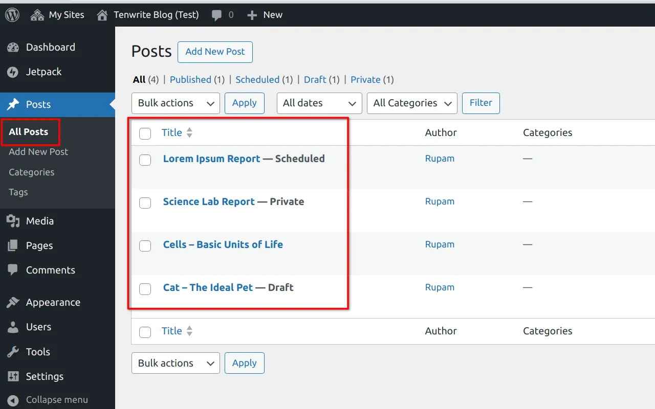 Screenshot showing the process of checking the exported posts by logging into WordPress™ admin panel.