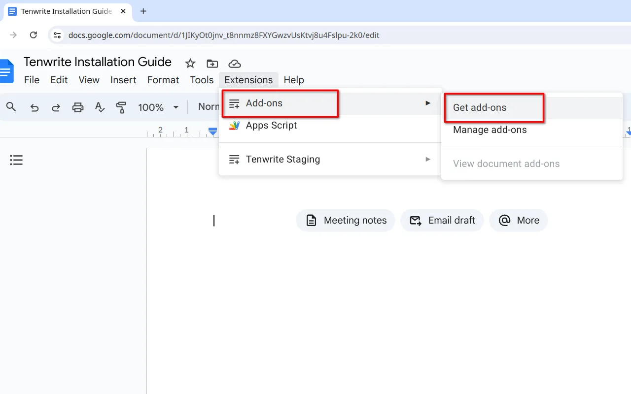 Step 2: Screenshot showing the process of accessing the Add-ons menu in Google Docs™. The mouse cursor is positioned on &#x27;Extensions,&#x27; then &#x27;Add-ons,&#x27; and &#x27;Get add-ons&#x27; is highlighted.