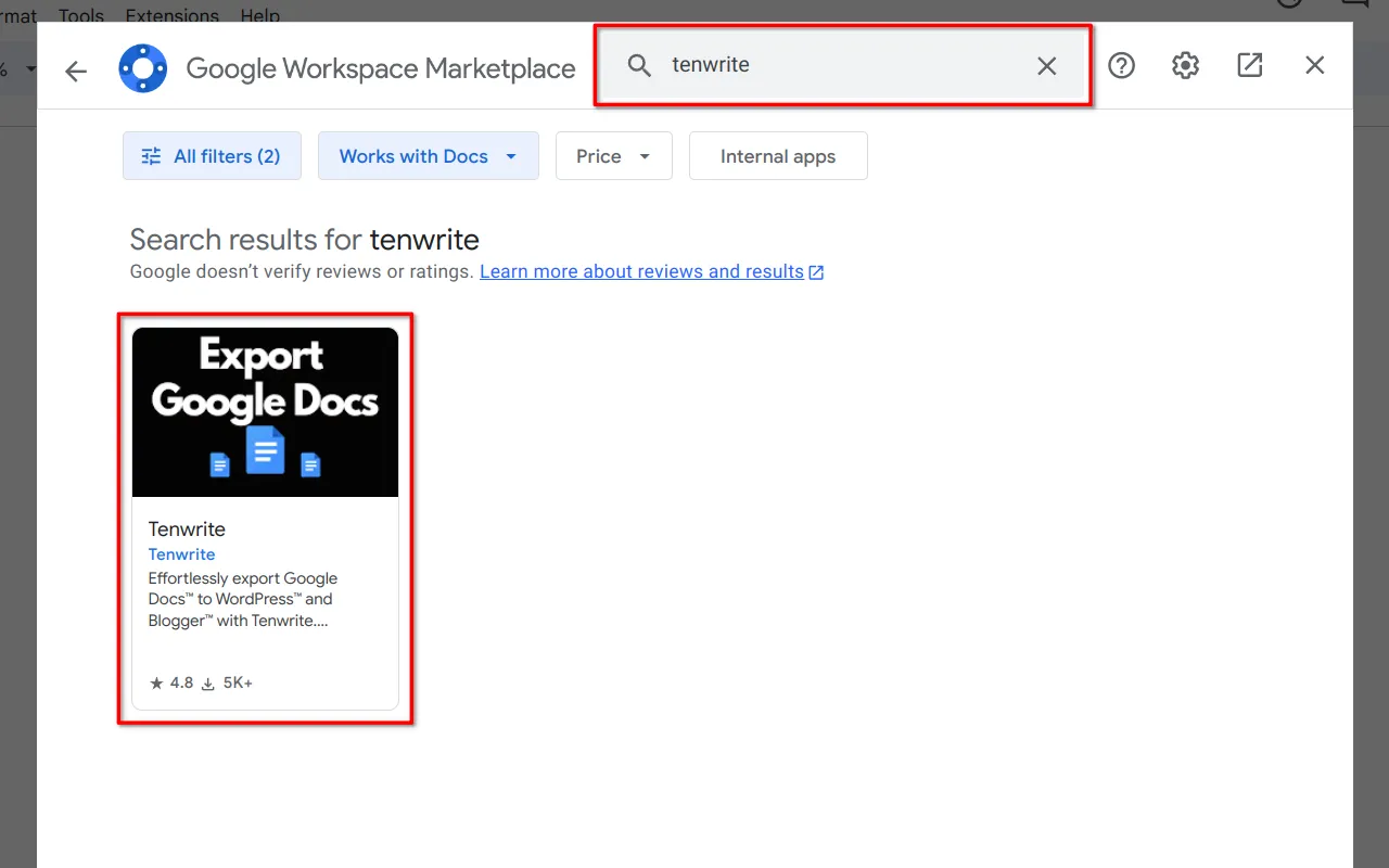 Step 3: Screenshot showing the process of finding Tenwrite in the Google Workspace Marketplace search results. The search query &#x27;Tenwrite&#x27; is entered, and the &#x27;Tenwrite&#x27; Addon is highlighted in the results.