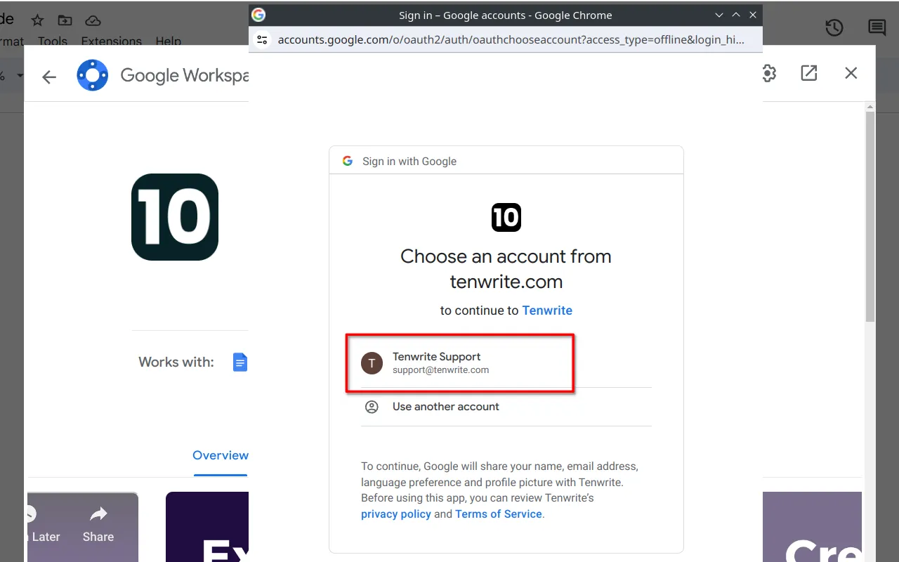 Step 5: Screenshot showing the process of selecting the Google account for installing the Tenwrite add-on. The user is prompted to choose their Google account.