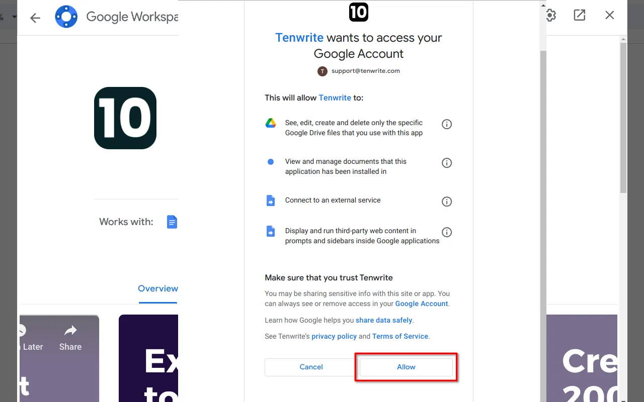 Step 6.1: Screenshot showing the authorization process for Tenwrite. The user reviews and allows the required permissions.