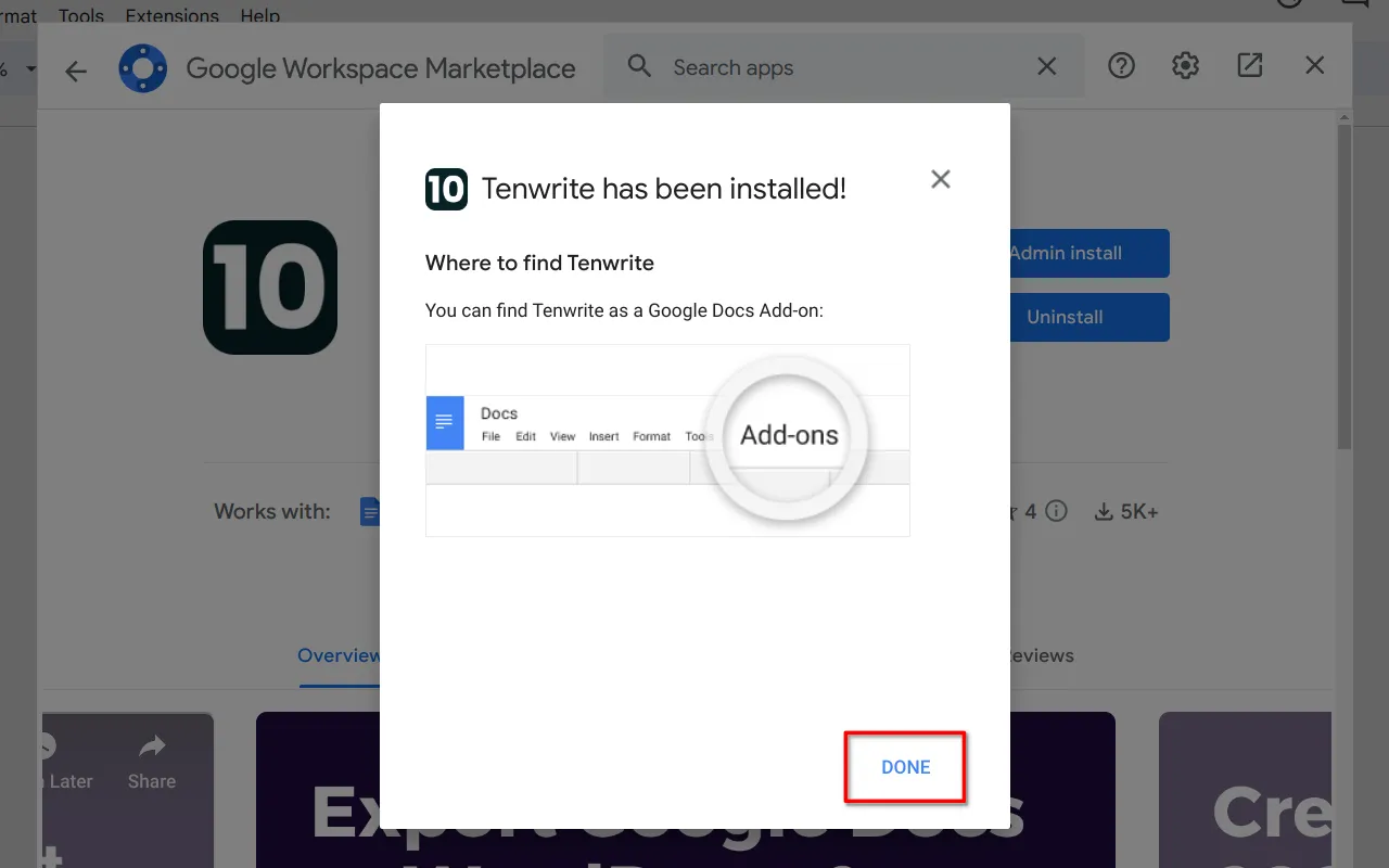 Step 6.2: Screenshot showing the user clicking &#x27;Done&#x27; after allowing permissions to close the Google Workspace Marketplace modal window.