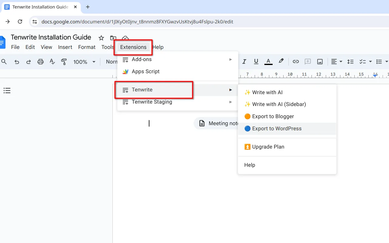 Step 7: Screenshot showing the process of launching the Tenwrite Add-on from the Extensions menu in Google Docs. The user clicks on &#x27;Extensions,&#x27; selects &#x27;Tenwrite,&#x27; and is ready to start using the addon.